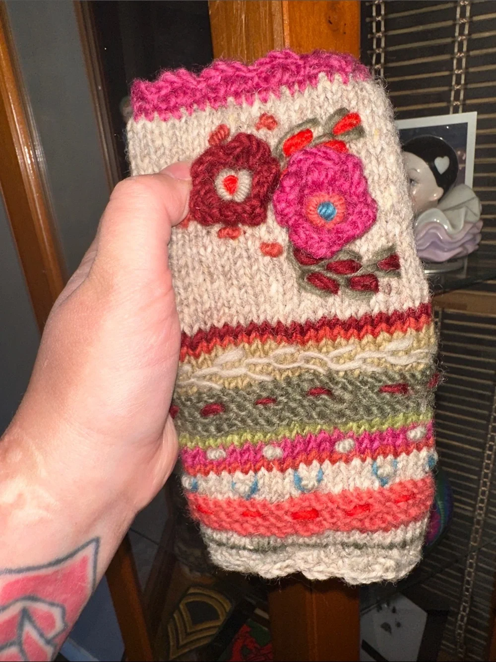 Handmade Floral Embroidered Knit Wrist Warmers - Pink & Cream
